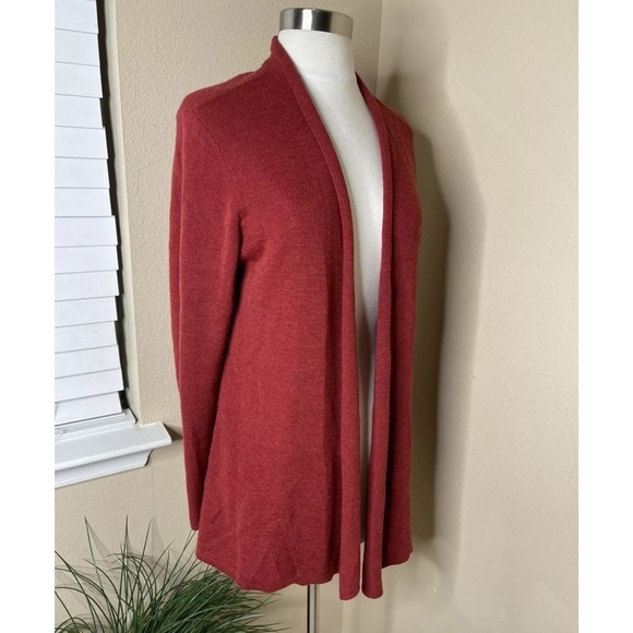 Eileen Fisher Womens M Open Knit Cardigan 100% Wool Brick Red Sleeves - Picture 2 of 5